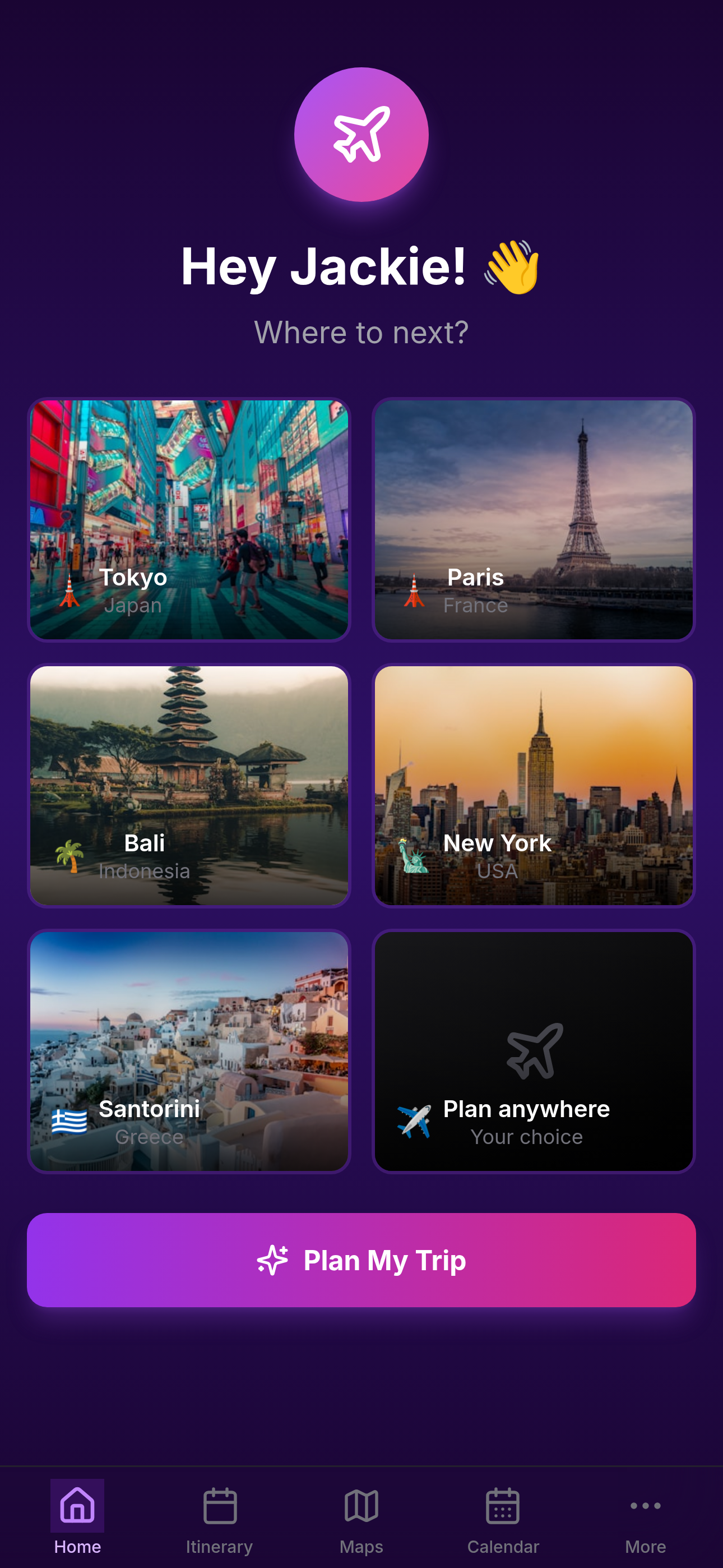 Velora Hub app home screen showing Hey Jackie greeting with destination tiles - Tokyo, Paris, Bali, New York, Santorini